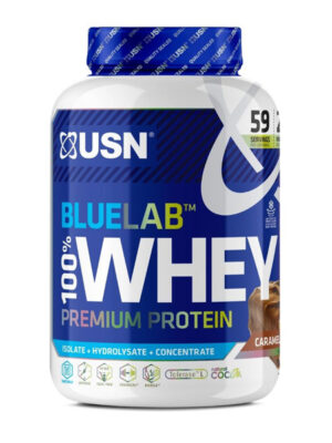 USN Blue Lab Whey Chocolate Caramel 2kg, Premium Whey Protein Powder, Scientifically-formulated, High Protein Post-Workout Powder Supplement with Added BCAAs