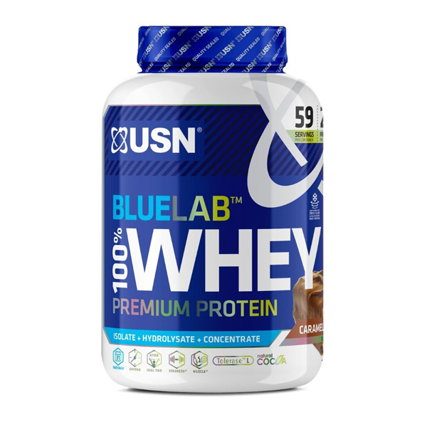 USN Blue Lab Whey Chocolate Caramel 2kg, Premium Whey Protein Powder, Scientifically-formulated, High Protein Post-Workout Powder Supplement with Added BCAAs