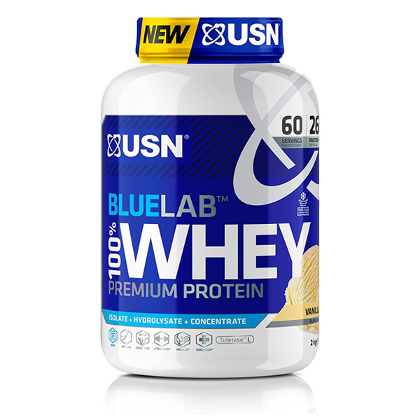 USN Blue Lab Whey Vanilla 2kg, Premium Whey Protein Powder, Scientifically-formulated, High Protein Post-Workout Powder Supplement with Added BCAAs