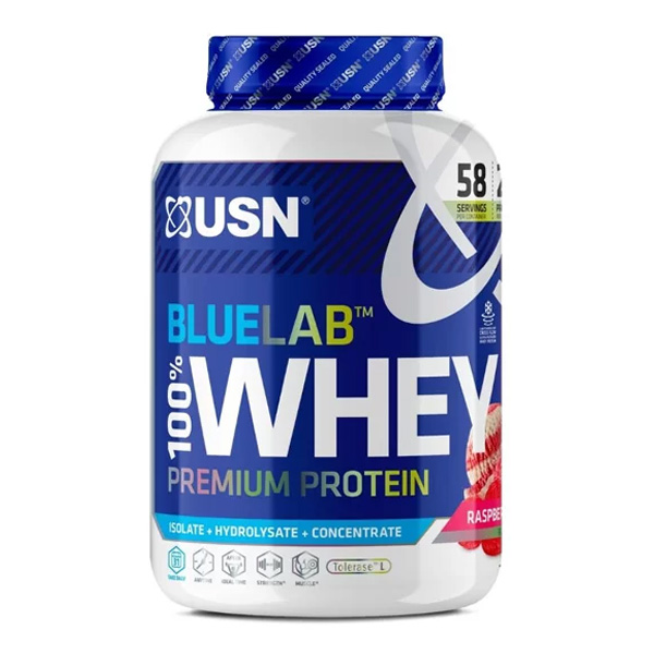 USN Blue Lab Whey Raspberry Ripple 2kg, Premium Whey Protein Powder, Scientifically-formulated, High Protein Post-Workout Powder Supplement with Added BCAAs